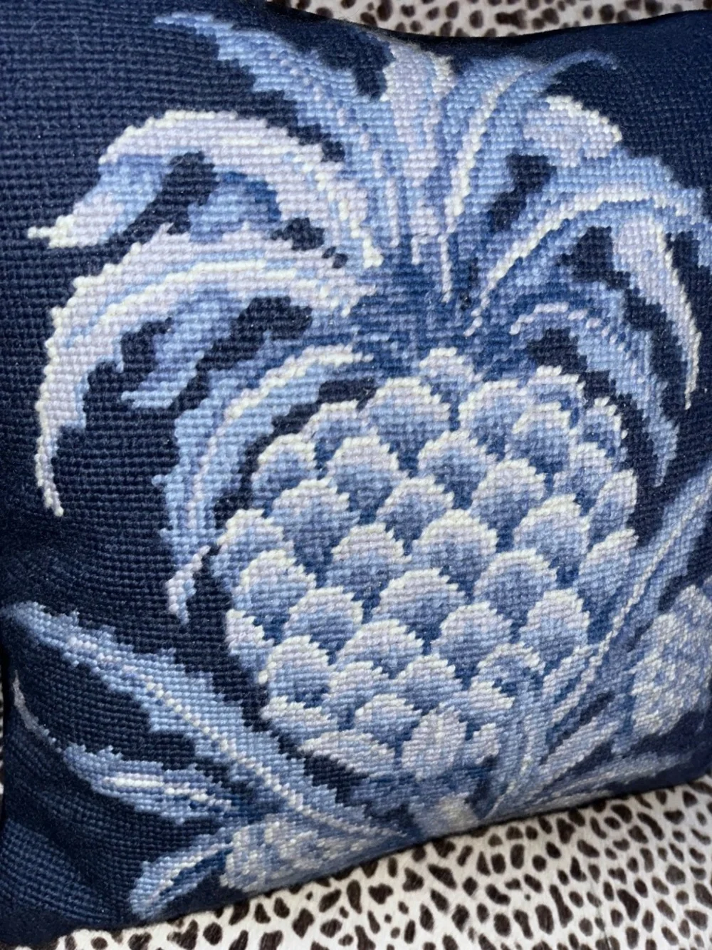 Williamsburg navy and sky blue Pineapple needlepoint accent pillow